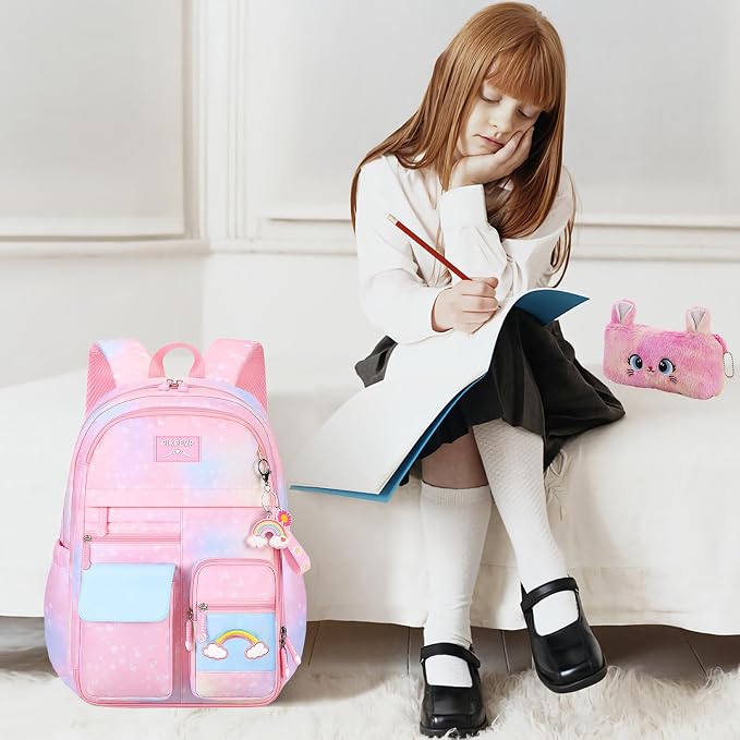 Jcobvig Rainbow Backpack For Girls Kids,Cute Student School Backpack With Pen Bag,Aesthetic Starry Rainbow Laptop Travel Bag
