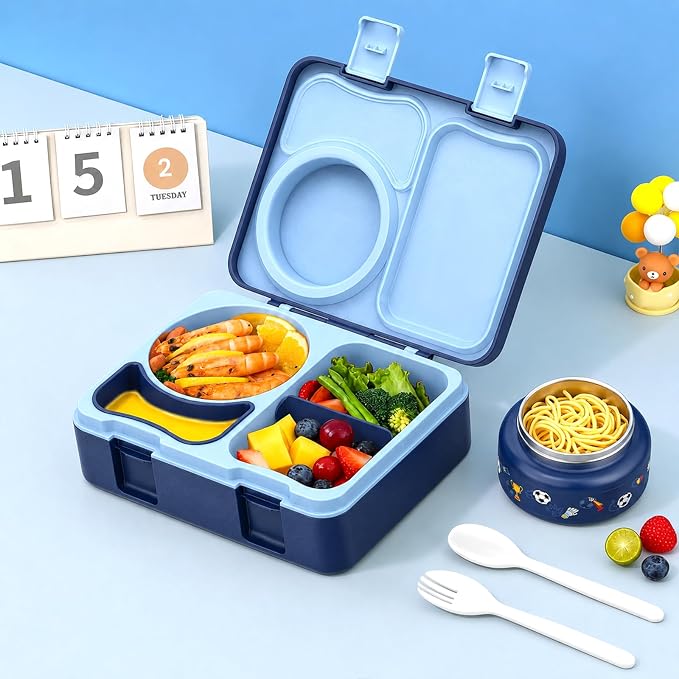 Kids Insulated Lunch Box with 8OZ Thermo Food Jar | Leakproof Bento Box with Ice Pack Sauce Cup Utensils Removable Tray & Dividers for School Daycare Travel, Football
