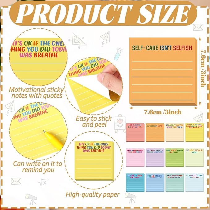 Yinder 24 Pcs Inspirational Sticky Notes Cute Motivational Sticky Notes Pad End of Year Employee Appreciation Gifts Bulk for Teacher Nurse Coworkers Office Supplies 3 x 3''(Mental Health,Light Colors)