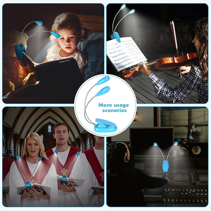 Music Stand Light, Clip on LED Book Lights, USB and AAA Battery Operated, Reading Lamp in Bed, 4 Brightness Levels, Ideal for Musician, Piano Player, Travel (Dual Arm, Blue)