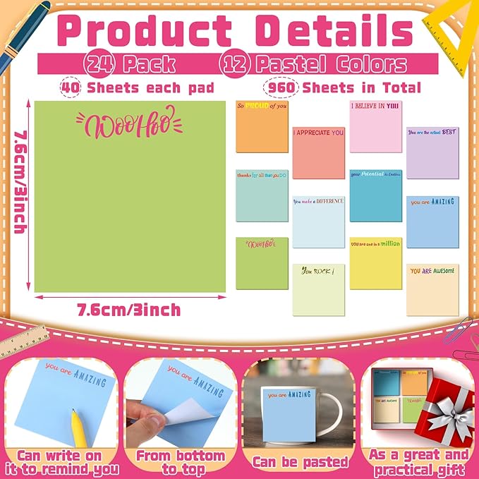 Yinder 24 Pcs Inspirational Sticky Notes Cute Motivational Sticky Notes Pad End of Year Employee Appreciation Gifts Bulk for Teacher Nurse Coworkers Office Supplies 3 x 3'' (Thank You,Elegant Color)