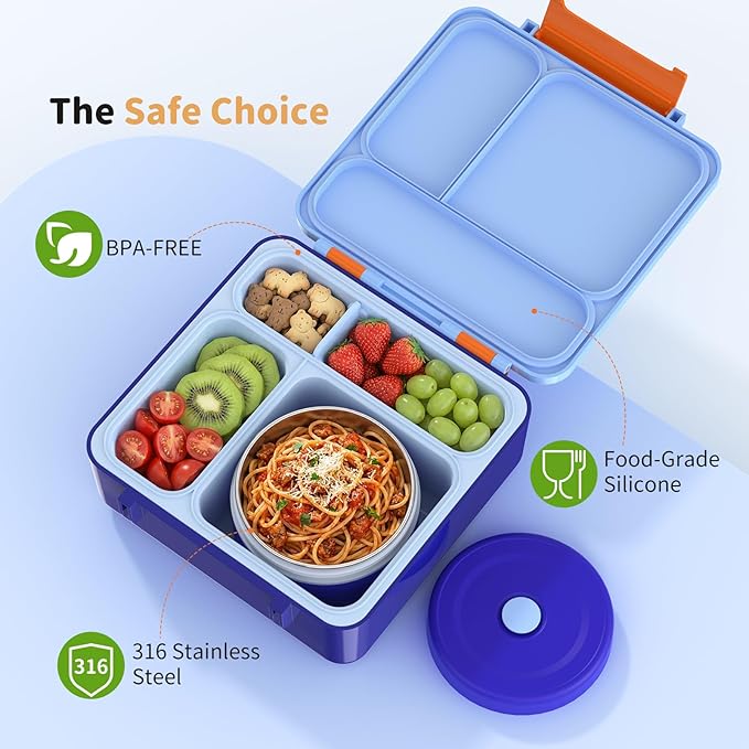Bento Box for Kids, Lunch Box with Sticker for School | DIY Sticker Fun, Quick Lunch Packing, 4-Compartment Design, Insulated Food Jar, BPA-Free, Leak-Proof