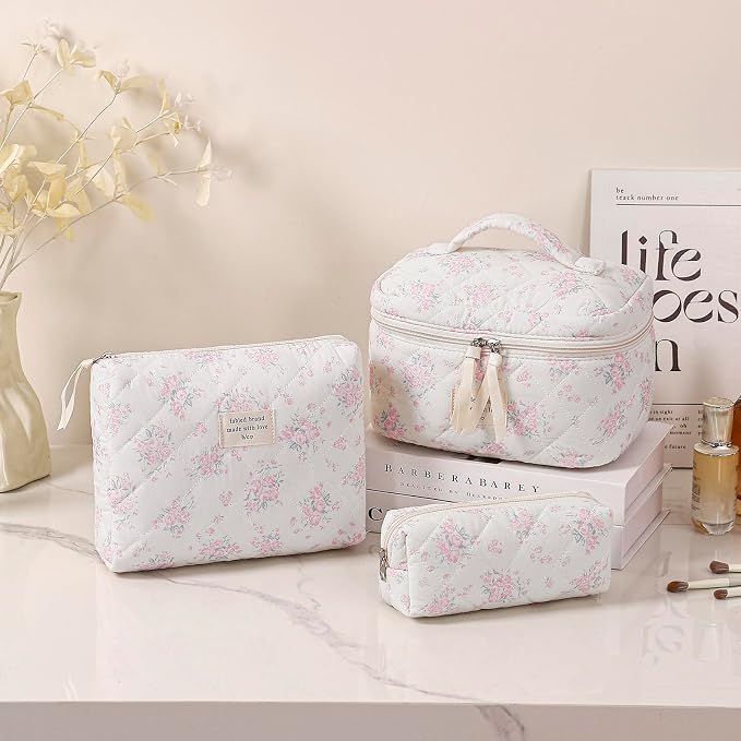 uekeboag Large Travel Quilted Makeup Bag for Women | Soft Floral Cotton Cosmetic Bag, Foldable Coquette Aesthetic Toiletry Organizer