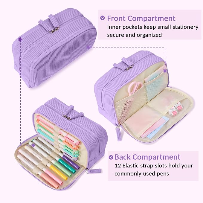 Sooez Big Capacity Pencil Case Pen Pouch, Soft Corduroy Pencil Bag | with 3 Compartment, Multiple Pockets, Sturdy Zipper, Cute School Supplies Pen Bag Organizer For Teen Girls College, Purple