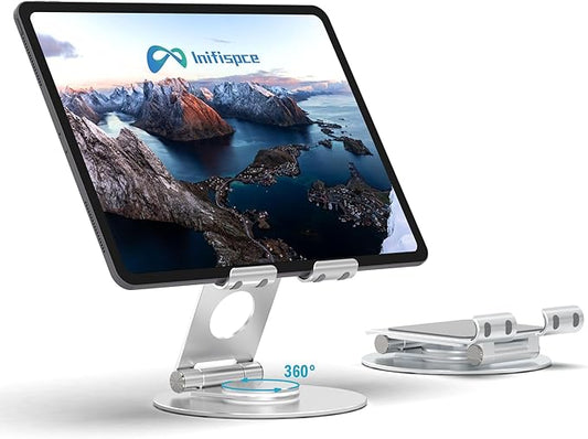 Swivel Tablet Stand, Aluminum Portable 360°Rotating Adjustable Tablet Holder for All 4-12.9’’ iPad Surface Samsung Phone Tablet Kindle E-Reader and More(Silver)