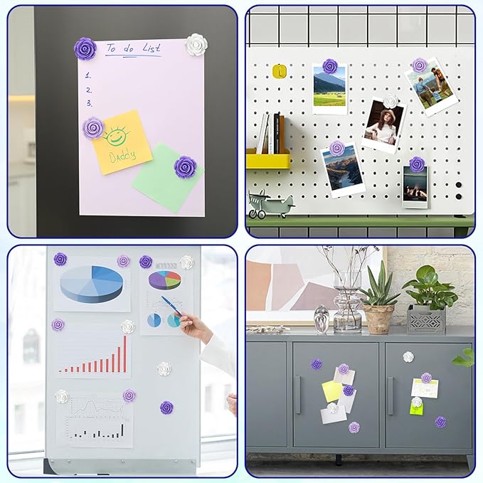 20 Pcs Rose Fridge Magnets, 1.1 Inch Cute Flower Fridge Magnets, 3D Colorful Refrigerator Decorative Magnet for Whiteboard Locker Cabinet (Purple-3 Colors-Rose)