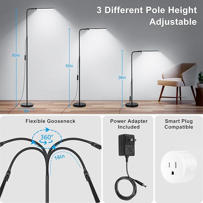 LED Floor Lamp, 18W/2000LM Bright Reading Floor Lamp for Office with Double Head, Adjustable Gooseneck Dimmable Modern Standing Light for Lash Extension Craft, Eye Caring Floor Lamps for Living Room