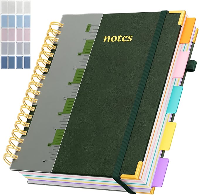 Line Hardcover Spiral Notebook with Removable Dividers Tabs & Ruler, 5 Subject Notebook College Ruled, 300 Page, Large 8"x10" B5 Notebooks for Work School, Lined Journal for Women & Men, Green