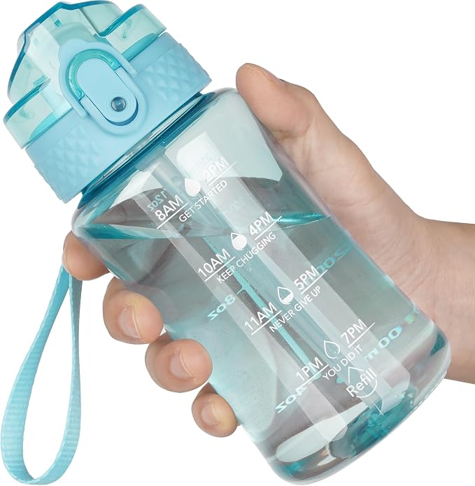 OLDLEY 12oz Kids Water Bottle, Tritan BPA-Free, Leakproof Flip Straw Lid, Motivational Time Marker, Carry Strap, Reusable Clear Water Bottle for Boys & Girls,Cerulean