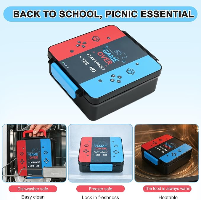 Gamer Bento Lunch Box for Kids, 60 OZ Kids Lunch Box with 8 OZ Leakproof Stainless Steel Insulated Food Jar, 3-4 Compartments Bento Box for School, Includes Sauce Cup & Divider (Red-Blue-PLAYAGAIN)