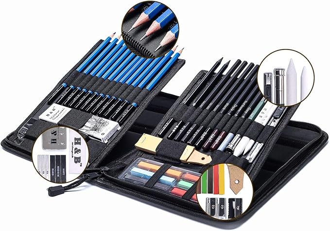 H & B 48 Professional Sketching Pencils and Drawing Kits, Including Sketching Pads, Graphite Pencils, Pencil Sharpener and Eraser, Artist's Art Supplies for Artists Beginner Adults