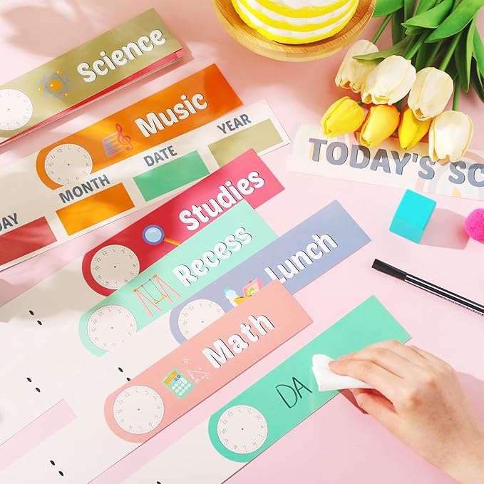 Pasimy Daily Schedule Pocket Chart with 31 Reusable Cards and 14 Pockets Classroom Decor Farmhouse Schedule Charts for School Office Home Educational Activity (Rainbow)