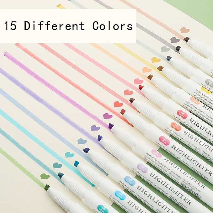 Pastel Highlighters - 15 Pcs Assorted Colors Dual Tip Real Mild Highlighter Markers, Chisel & Fine Tips for Bible Journaling, Note Taking, School Supplies, No Bleed
