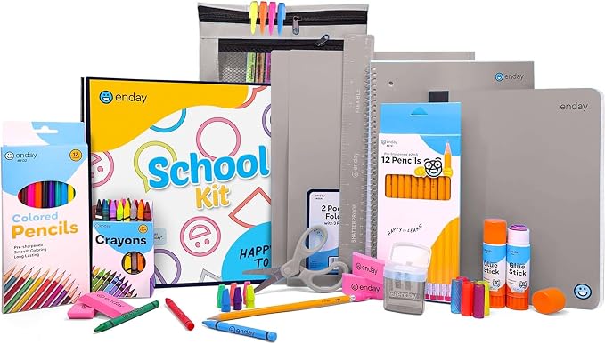 Enday Back to School Supplies for Kids, Grey School Supply Box Grades K-5, Premium Quality Kids School Supplies Kit, Kindergarten School Supplies for Girls and Boys, 78 Piece Set