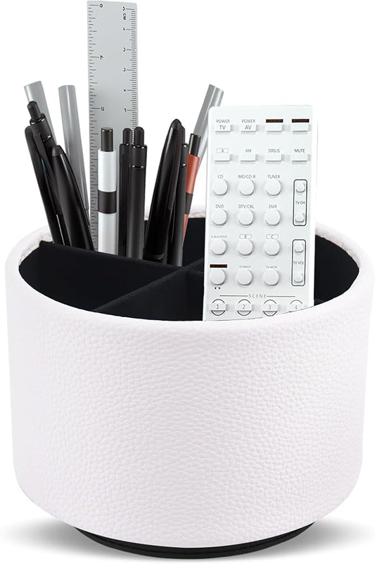 Round Leather Art Supply Organizer,Remote Control Holder,360 Degree Spinning,Multi-Functional Pencil Holder,4 Compartments Desktop Stationary Organizer(1-Lichee White)