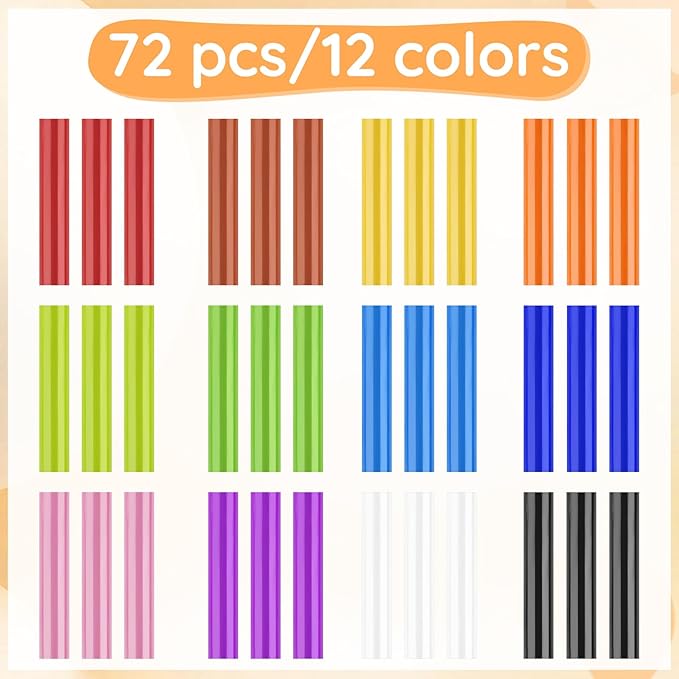 72pcs Colored Hot Glue Sticks, 0.43x8in 12 Colors Hot Melt Glue Sticks Standard for Paper, Wood, Plastic, Glass, Crafting DIY Art School Gluing Project Repair, Sealing Wax