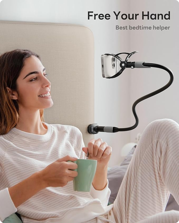 SAIJI Gooseneck Bed Phone Holder, Flexible Long Arm Phone Mount for Desk, Clip Bracket Clamp Stand, iPhone Stand, Mobile Cell Phone Stand Document Camera Nintendo Switch (Black)