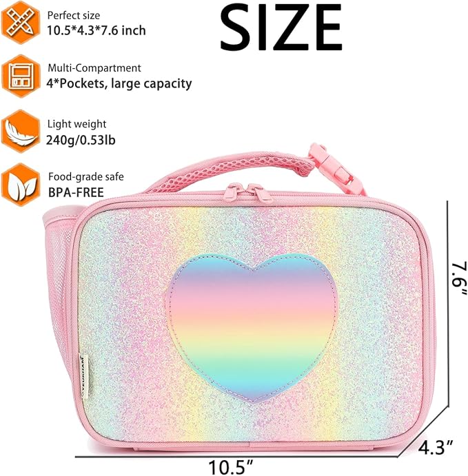 GYEUKHAM Insulated Lunch Box for School, Thermal Reusable Durable Freezable Lunch Bags for Kids Boys Girls Men Women - Small Soft Cooler Portable Lunch Tote Kit for Work Picnic Travel,Rainbow Glitter