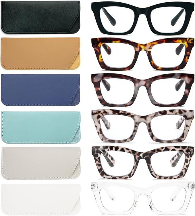 REAVEE 6 Pack Reading Glasses for Women Blue Light Blocking, Cute Square Computer Readers with Spring Hinge