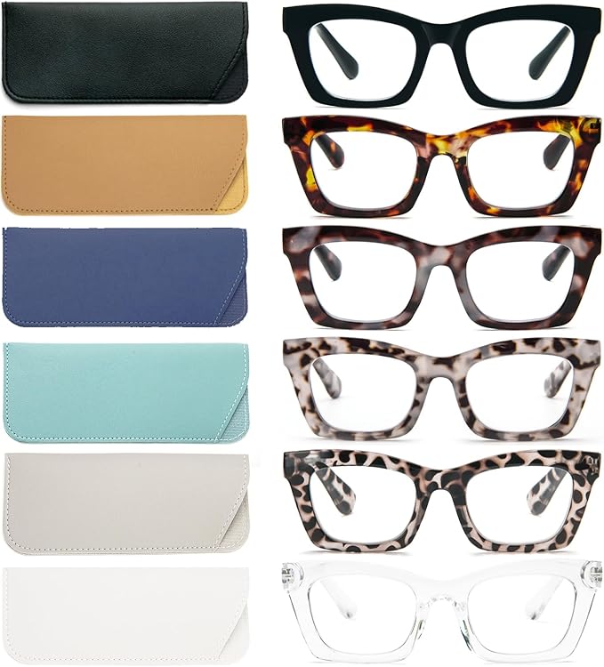 REAVEE 6 Pack Reading Glasses for Women Blue Light Blocking, Cute Square Computer Readers with Spring Hinge