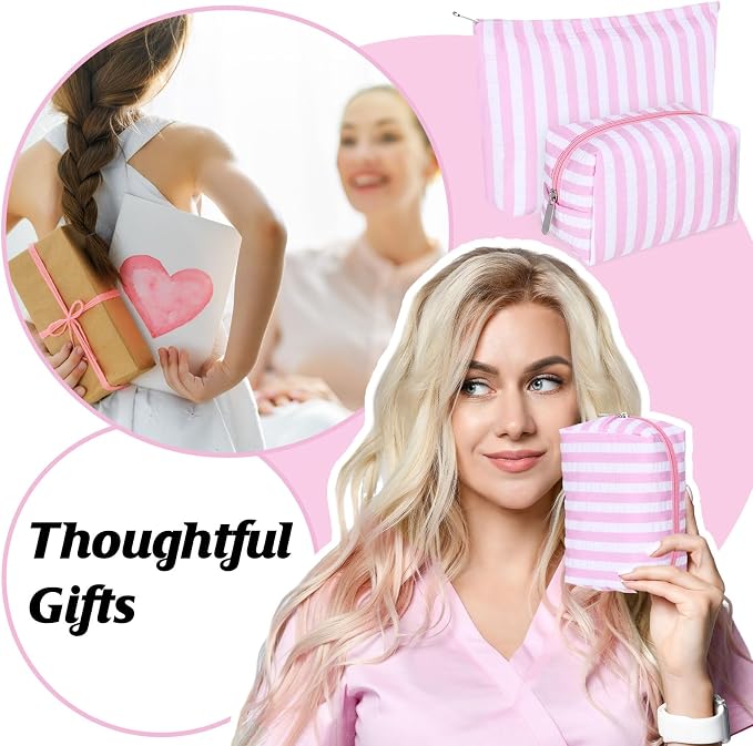 Huhumy 2 Pcs Makeup Bag Set for Women, Pink, Wide Striped Seersucker | Cute Cosmetic Pouch Women Travel Toiletry Bag Preppy Small Makeup Purse Pouch Aesthetic Skincare Brushes Storage Organizer