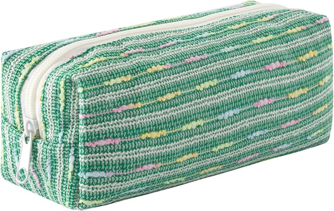 Cute Striped Pencil Case for Girls Large Capacity Aesthetic Pen Pouch with Zipper Stationery Organizer Bag for School Office Durable Pencil Box for Teens Students Women Kids (Square-Green)