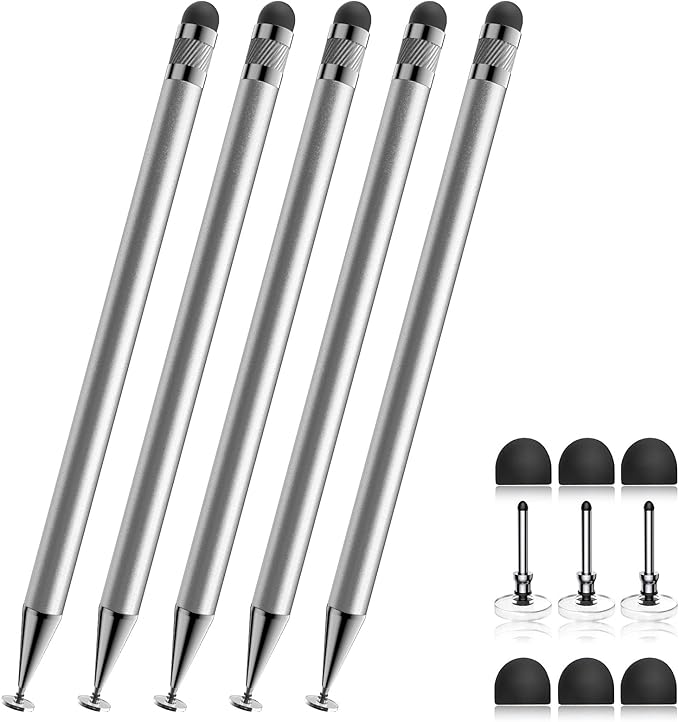 Bopomofo Stylus (5 Pcs), 2-in-1 Stylus Pen for Touchscreen, High Precision and Sensitivity, Suitable for iPhone/ipad/Android Tablets, Compatible with Touch Screens,Silver