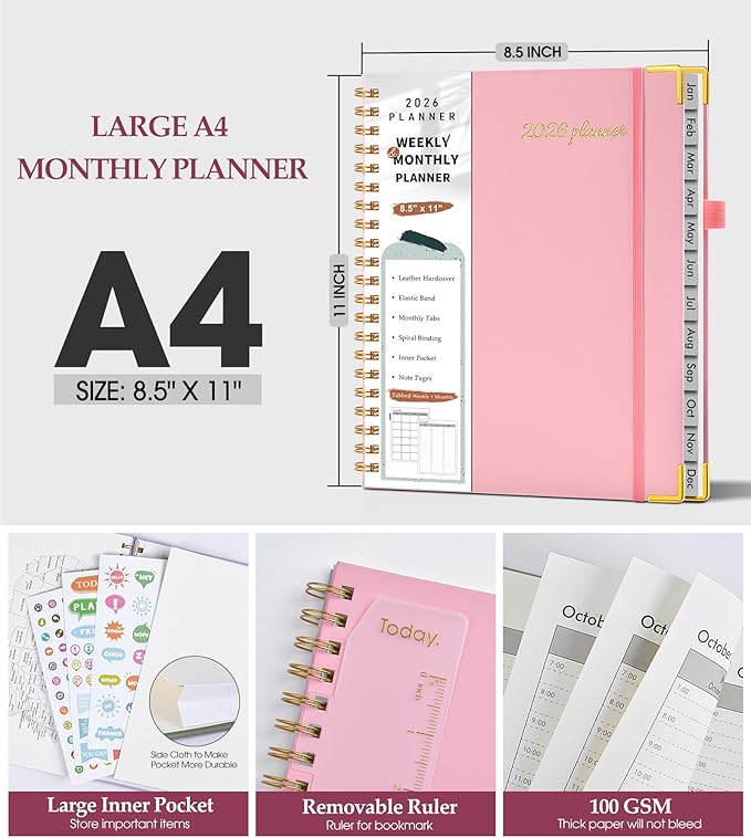 2026 Planner, Weekly and Monthly Calendar Planner from January 2026 - December 2026, 8.5" x 11" Hardcover Leather Hourly Appointment Book with Tabs, Spiral Daily Planners for College School Work Home, Light Pink