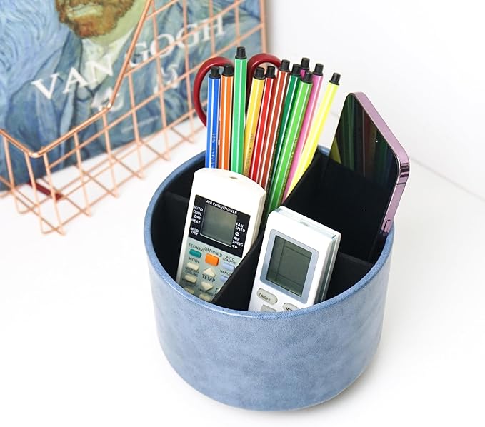 Round Leather Art Supply Organizer,Remote Control Holder,360 Degree Spinning,Multi-Functional Pencil Holder,4 Compartments Desktop Stationary Organizer(1-Oil Blue)