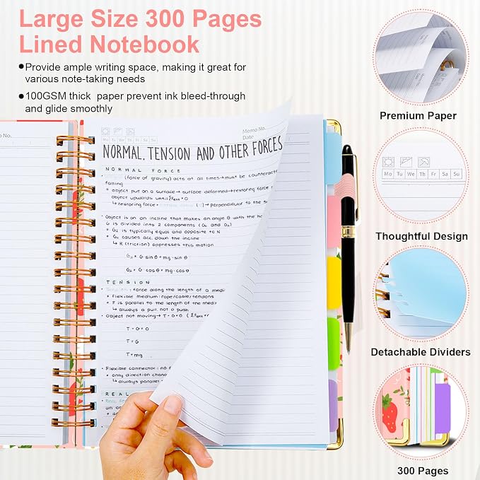 Spiral Journal Notebooks for Work, 300 Pages 5 Subject Notebook College Ruled with Dividers & Tabs, Notebook Journal for Women Students Note-Taking and Organizer (Pink Strawberry, 8.5''x 11'')