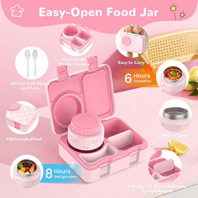 Kids Insulated Lunch Box with 8OZ Thermo Food Jar | Leakproof Bento Box with Ice Pack Sauce Cup Utensils Removable Tray & Dividers for School Daycare Travel, Bows
