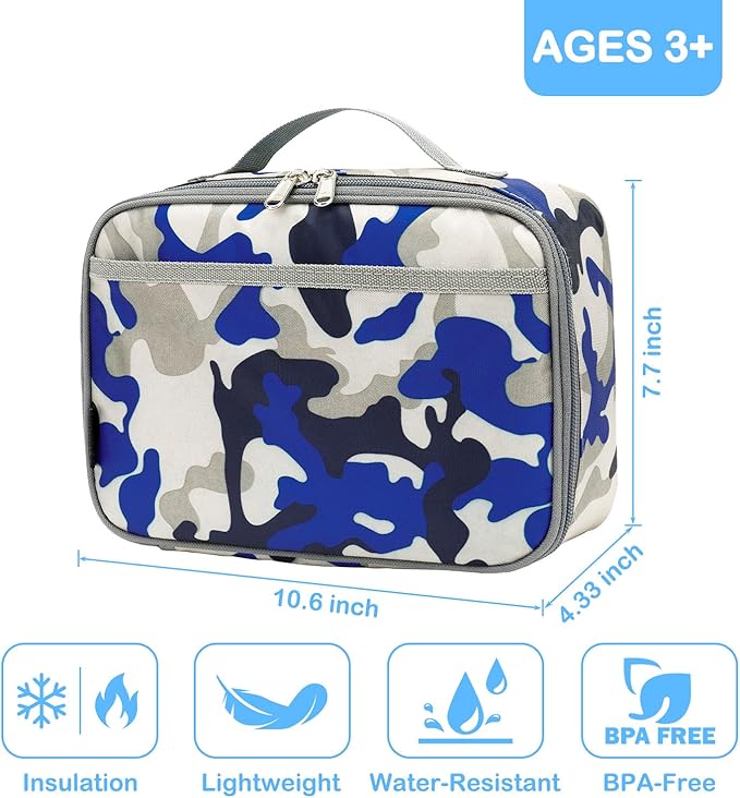 FlowFly Kids Lunch box Insulated Soft Bag Mini Cooler Back to School Thermal Meal Tote Kit for Girls, Boys,Blue Camo