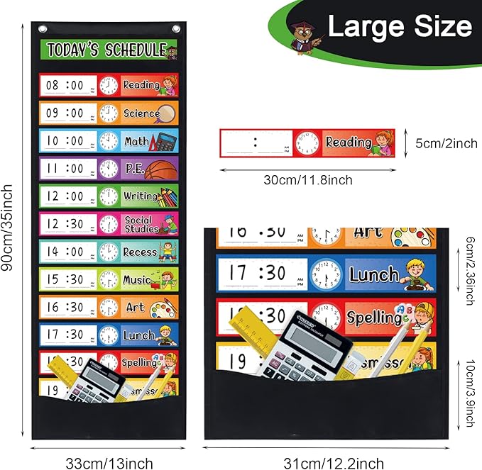 Daily Schedule Pocket Chart Kit,40 Bright Attractive Double-Sided Reusable Erasable Cards,1 Title Card,13+1 Scheduling Pocket Chart with 2 Hangers for Classroom Office Home Preschool Learning (Black)