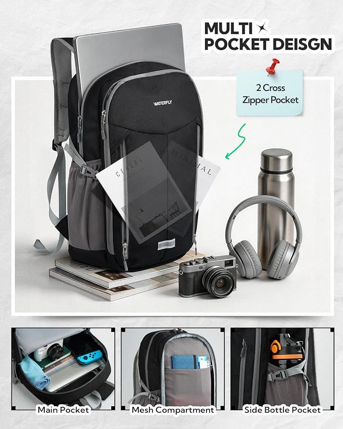 WATERFLY Lightweight Packable Backpack, 25L Small Foldable Travel Daypack | Large Opening Pocket with Luggage Strap, Breathable Back Pad, Easy to Fold, Compact Day Pack for Hiking Outdoor