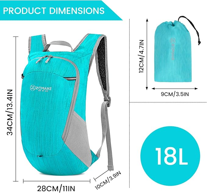 ZOMAKE Lightweight Packable Backpack, 18L Small Foldable Daypack for Hiking | Water Resistant Collapsible Backpacks for Women Men, Everyday Carry, Multi Compartment Storage, Adjustable Strap(Aqua Blue)