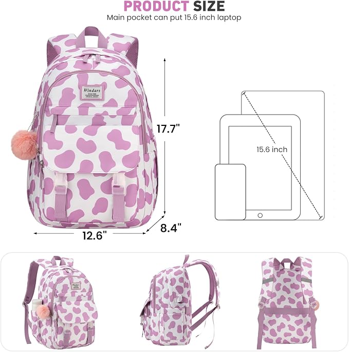 WINDARS School Backpack for Teen Girls, Cute College Backpacks for Women Students Aesthetic Bookbag Large 15.6 Inch Laptop Bag Middle School Travel Back Pack (Cow Print Purple)