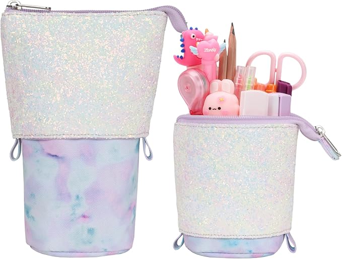 Standing Pencil Case Girls - Telescopic Pouch for Kids, Cute Kawaii Pencil Case for Girls, Big Capacity Stand Up Pencil Pouch for Kids, Tie-dye Purple