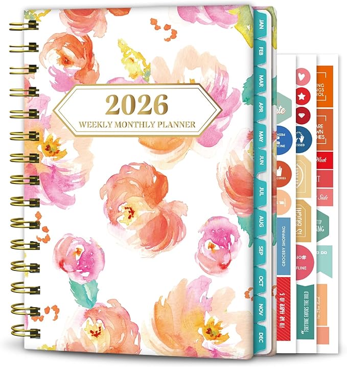 Ymumuda 2026 Planner, Daily Weekly and Monthly Planner，Jan 2026 - Dec 2026, 8.4" x 6.3", 2026 Calendar Planner Book with Tabs, Spiral Notebook with Inner Pocket for Office Home School Supplies