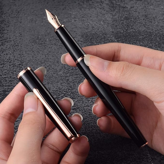 Hongdian 920 Black Metal Fountain Pen, Rose Gold Plated Medium Nib Smooth Writing Pen, Classic Pen with Ink Converter