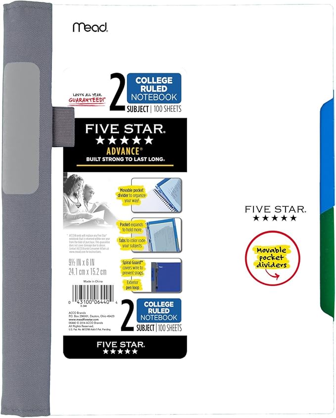Five Star Advance Spiral Notebooks, 2 Subject, College Ruled Paper, 100 Sheets, 9-1/2" x 6", Black, Red, White, 3 Pack (38639)
