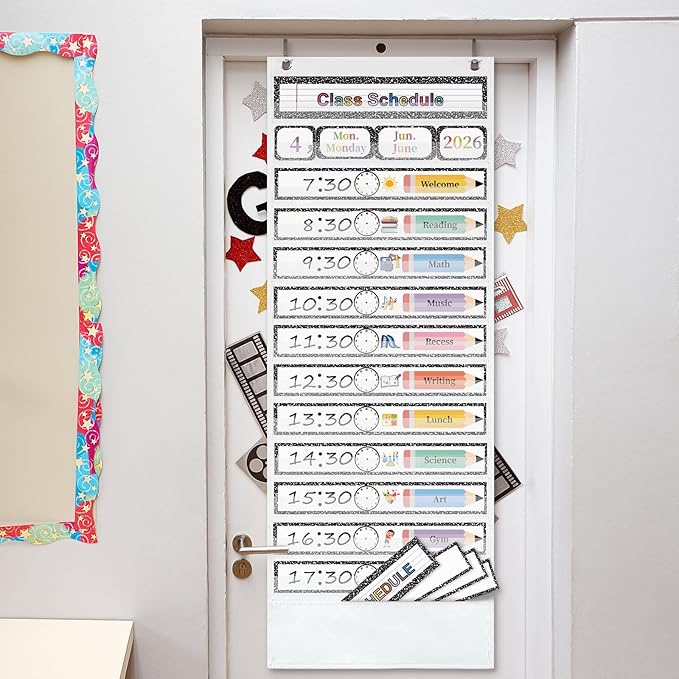 Daily Schedule Pocket Chart, 13+1 Pocket, with 77 Pcs Reusable Dry Eraser Cards Calendar Schedule Chart for Toddler Classroom Office Home Preschool Activity