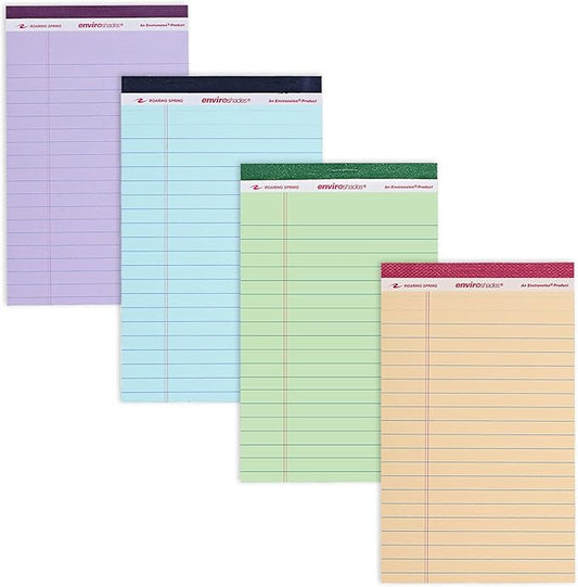 ROARING SPRING Enviroshades Assorted Colored Small Legal Pads, 4 Pack, Legal Ruled Recycled Mini Writing Note Pads, 5" x 8", 40 Sheets, Perforated Memo Pad For School & Office, Made in USA