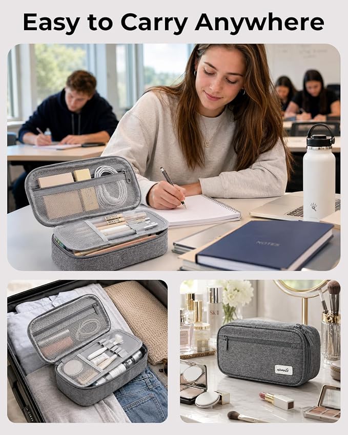 WEMATE Pencil Case, Large Capacity Pencil Pouch, Big Storage Organizer | for Stationery, Zipper Pen Bag, Travel Pen Box, Office Organizer Makeup Bag for Men Women Grey