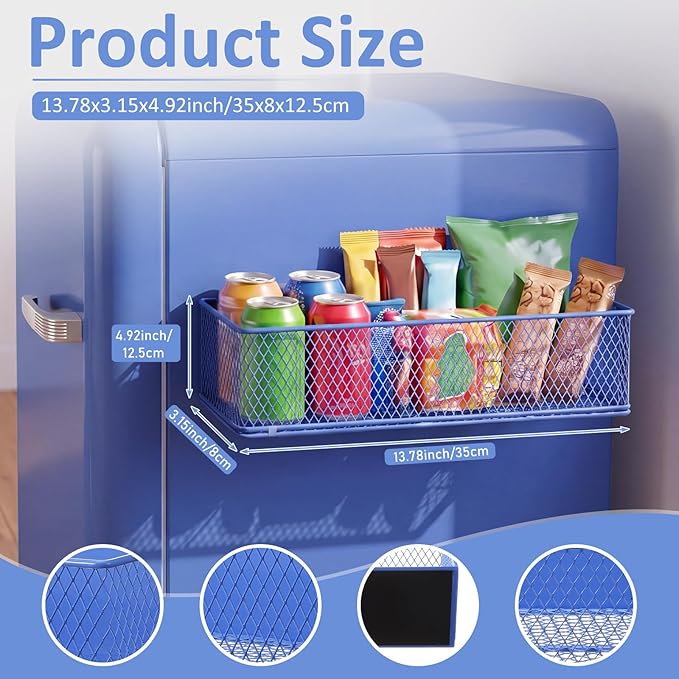 FoldTier 1 Pack Blue Magnetic Basket Fridge Organizer, Magnetic Shelf Containers Storage Bin Holder for Kitchen Dorm Locker Refrigerator Classroom Whiteboard Office Table (13.8 x 3.1 x 4.9 Inch)
