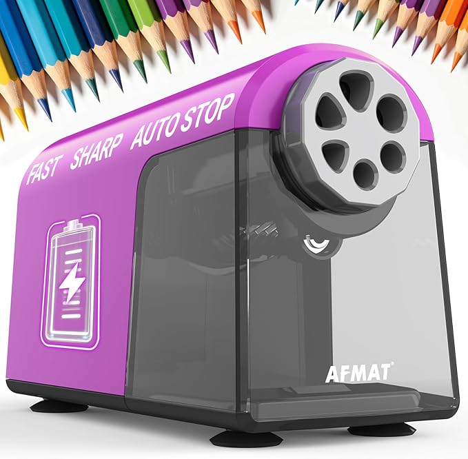 AFMAT Electric Pencil Sharpener for Classroom, 6 Holes, Cordless & Rechargeable, Fast Sharpen, Auto Stop, 10K+ Uses, Heavy Duty Pencil Sharpener for 6-11mm No.2/Large/Colored Pencils PSD2(Purple)