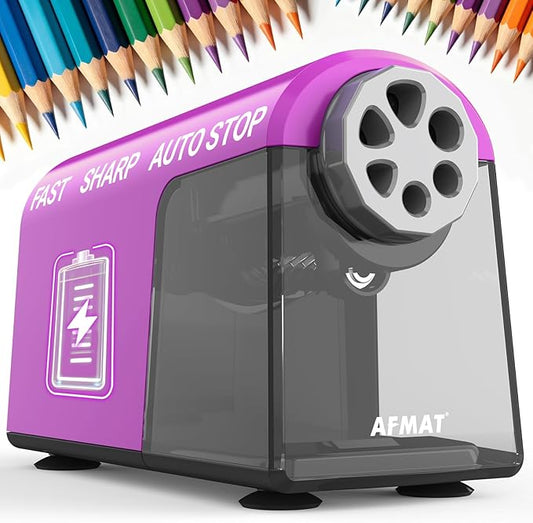 AFMAT Electric Pencil Sharpener for Classroom, 6 Holes, Cordless & Rechargeable, Fast Sharpen, Auto Stop, 10K+ Uses, Heavy Duty Pencil Sharpener for 6-11mm No.2/Large/Colored Pencils PSD2(Purple)