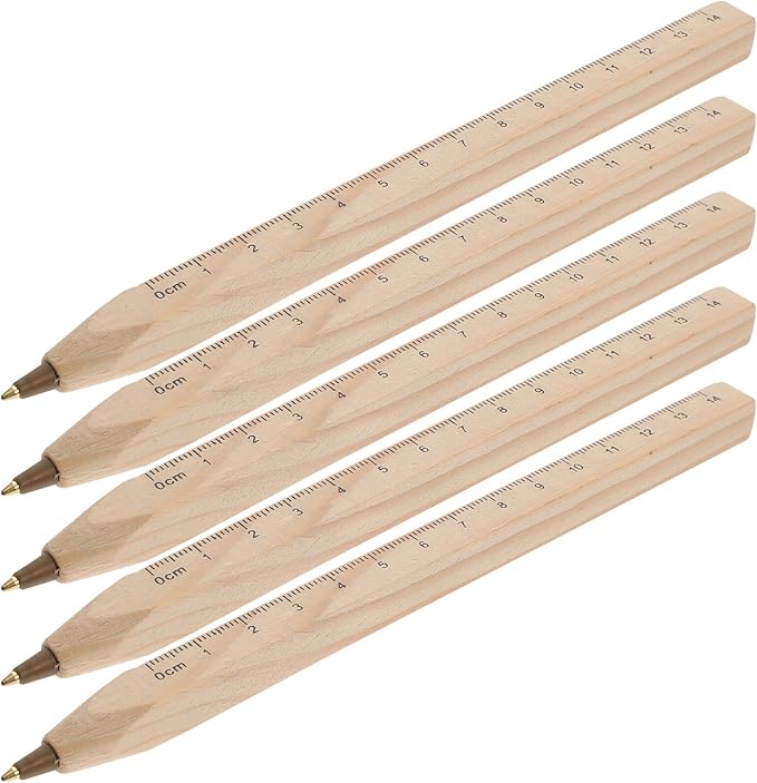 Hemoton 12pcs Natural Wood Ballpoint Pens with Ruler Print, Biodegradable Wooden Signature Pens, Black Ink for Office and Carpentry Use