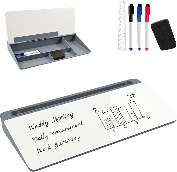 Desktop Whiteboard, Glass Dry Erase Board, Desk Board Buddy,Computer Keyboard Stand,Desk Whiteboard Organizer for Home,Office,School Supplies (Grey)