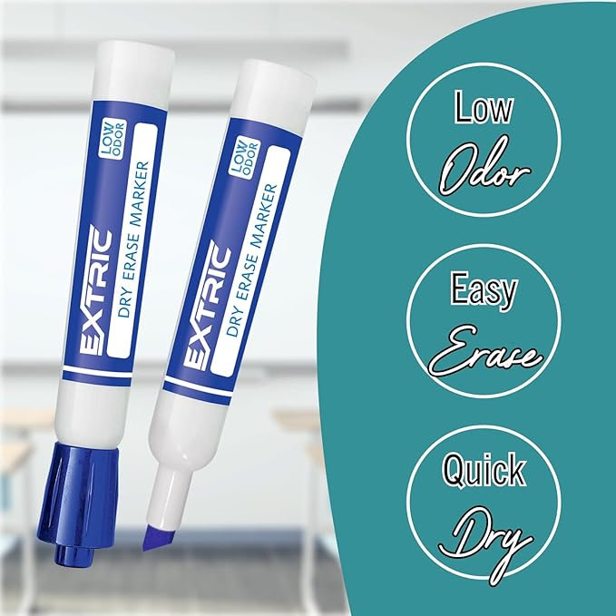 EXTRIC Dry Erase Markers Chisel Tip Set, 4 Whiteboard Markers, Whiteboard Cleaner and Eraser, Low Odor Dry Erase Marker with Eraser Bundle for Home, Teachers Supplies, and School Supplies