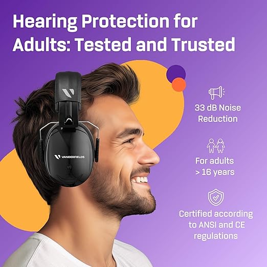 Vanderfields - Hearing Protection Ear Muffs - Over 35 dB (2K Hz) Broad Noise Cancelling Sound Reduction - Adults & Teens
